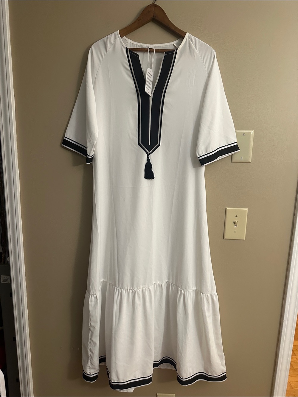 White Tassel-Trim Midi Dress with Black Accents